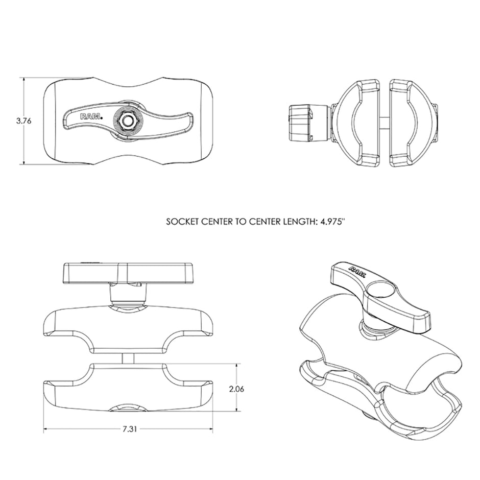 RAM Mount Double Socket Short Arm f338 E Size Ball Base RAME201UD