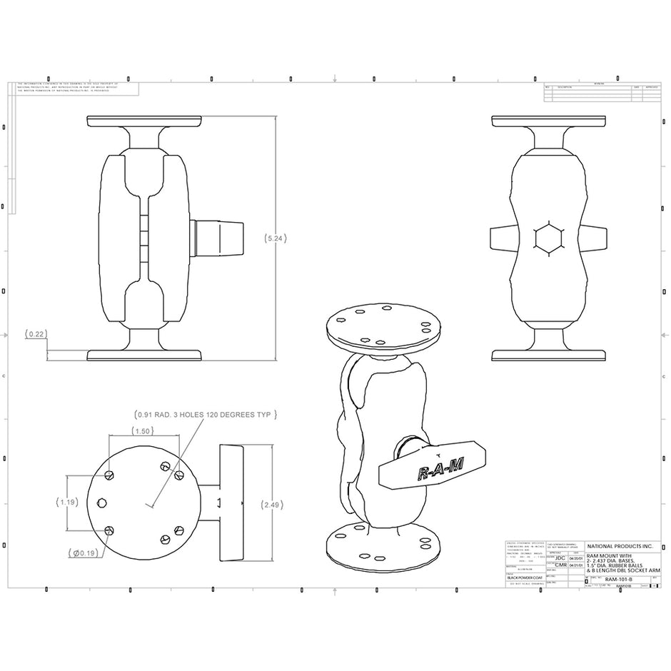 RAM Mount 15 Ball Mount wShort Double Socket Arm  225 Round Bases RAM101UB