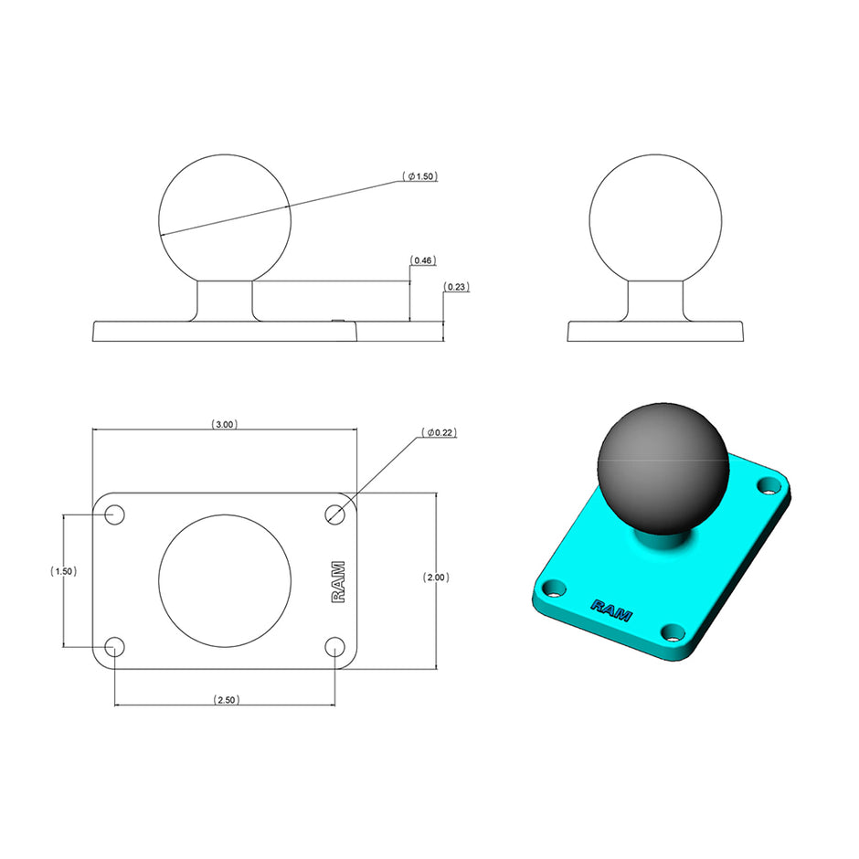 RAM Mount 2 x 3 Rectangle Base w15 Ball RAM202U23