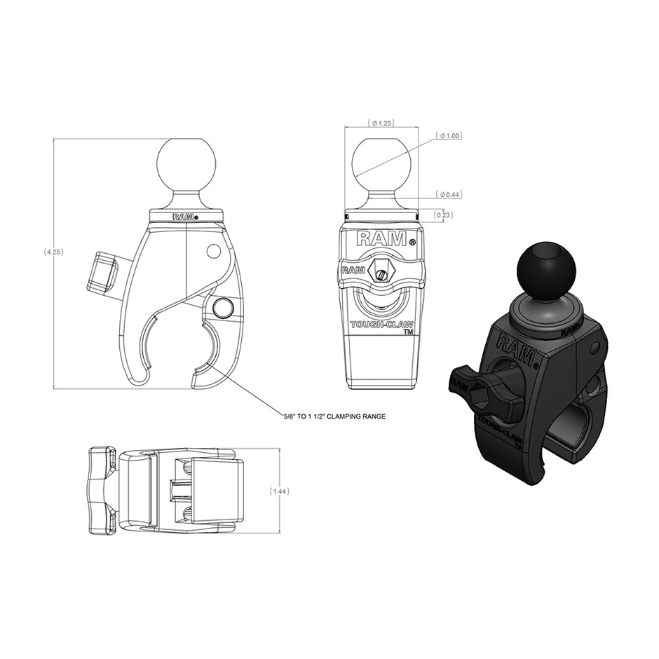 RAM Mount Small ToughClaw w1 Rubber Ball RAPB400U