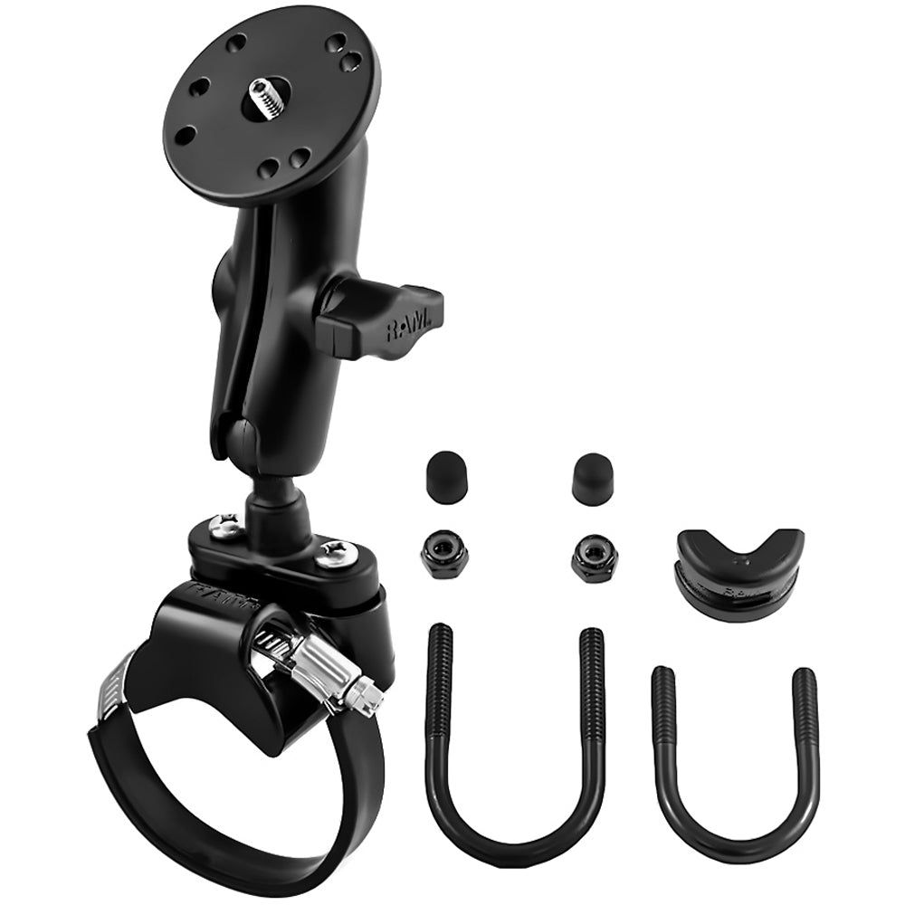 RAM Mount Strap Clamp Roll Bar Mount wStandard Length Double Socket Arm  25 Round Base w1420 Male Threaded Post