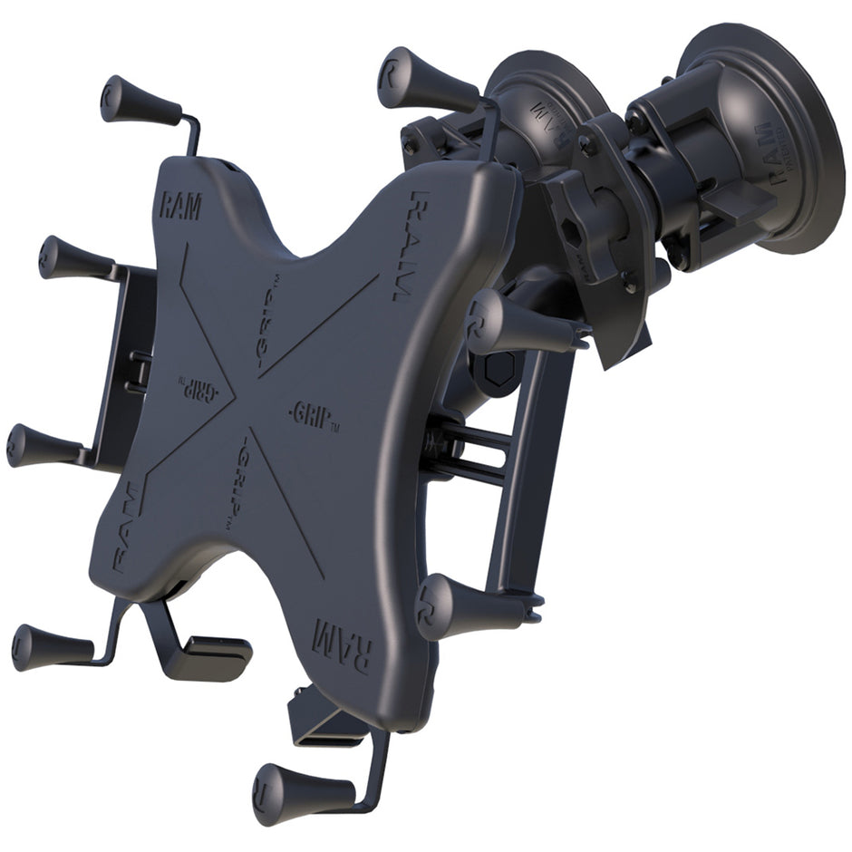 RAM Mount Dual Articulating Suction Cup wMedium Length Double Socket Arm  Universal XGrip Cradle f12 Large Tablets