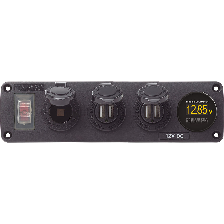 Blue Sea 4368 Water Resistant USB Accessory Panel  12V Socket 2x 21A Dual USB Chargers Mini Voltmeter 4368