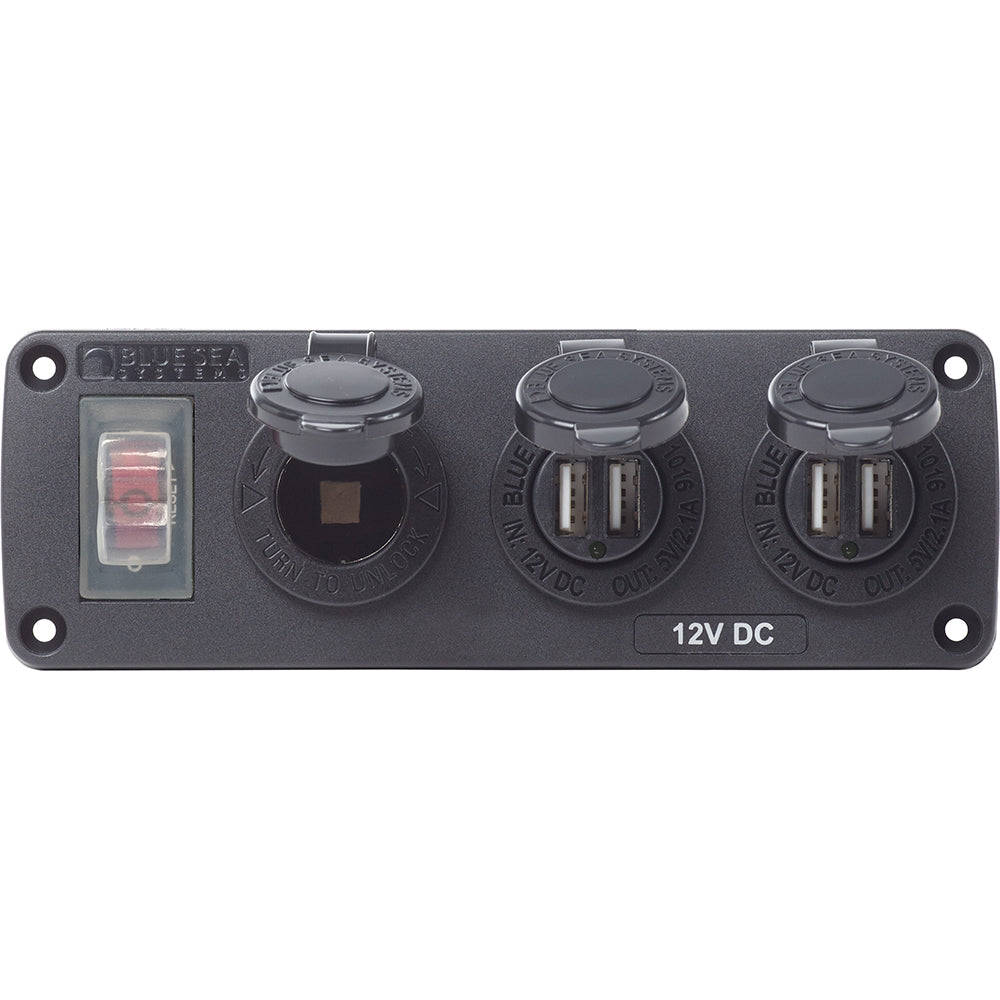 Blue Sea 4365 Water Resistant USB Accessory Panel  15A Circuit Breaker 12V Socket 2x 21A Dual USB Chargers 4365
