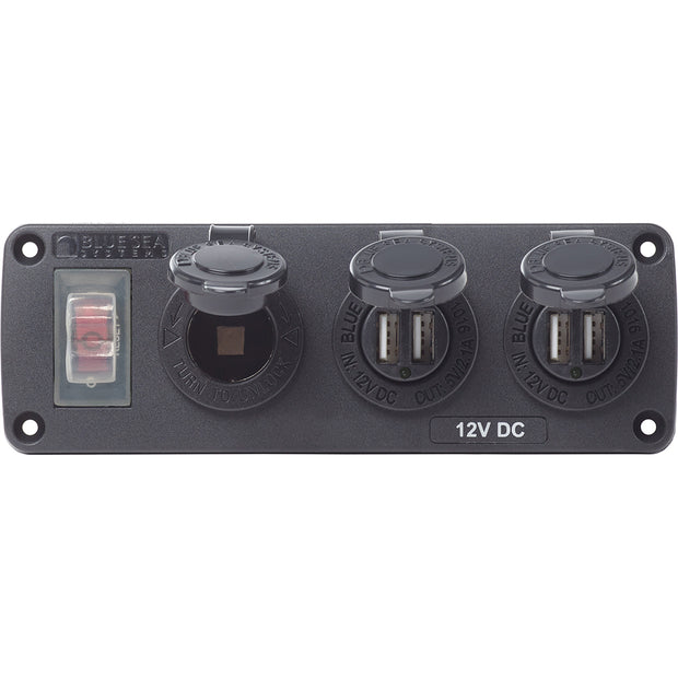 Blue Sea 4365 Water Resistant USB Accessory Panel  15A Circuit Breaker 12V Socket 2x 21A Dual USB Chargers 4365