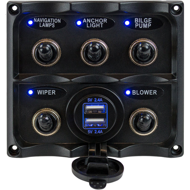 SeaDog Water Resistant Toggle Switch Panel wUSB Power Socket  5 Toggle 4246171