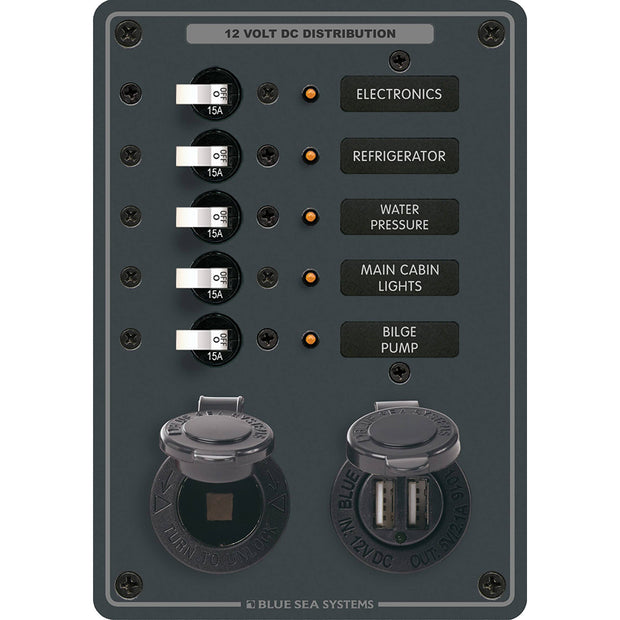 Blue Sea 8120  5 Position 12V Panel wDual USB  12V Socket 8120